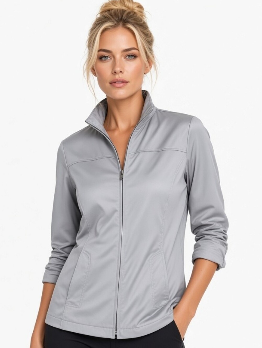 Chico Weekend Light Gray Poly Cotton Blend Women's Zip-Up Active Jacket(sz:Ch1)